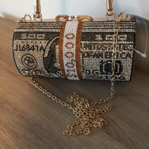Rhinestone Embellished Money Clutch Purse Designed to Look Like a Stash of Cash